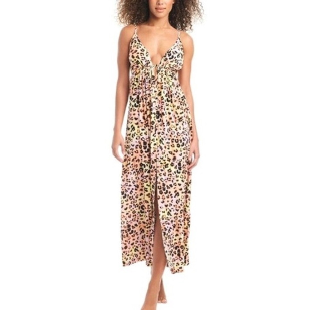 NWT Bar III Maxi Dress Women Multi Leopard Animal Print Tiered Slit Small $88